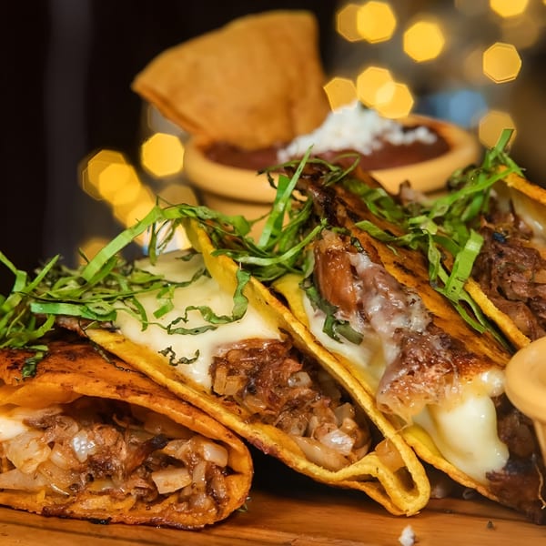 Close-up of three El Tarasco Mexican birria tacos with melted cheese and cilantro, with bokeh lights.