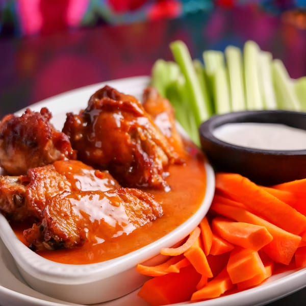 El Tarasco Mexican Restaurant's chicken wings in a red sauce, with celery, carrots, and ranch.